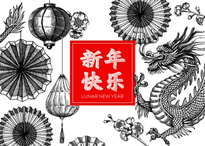 China background. Chinese New Year frame design. Dragon sketch. NOT AI generated
